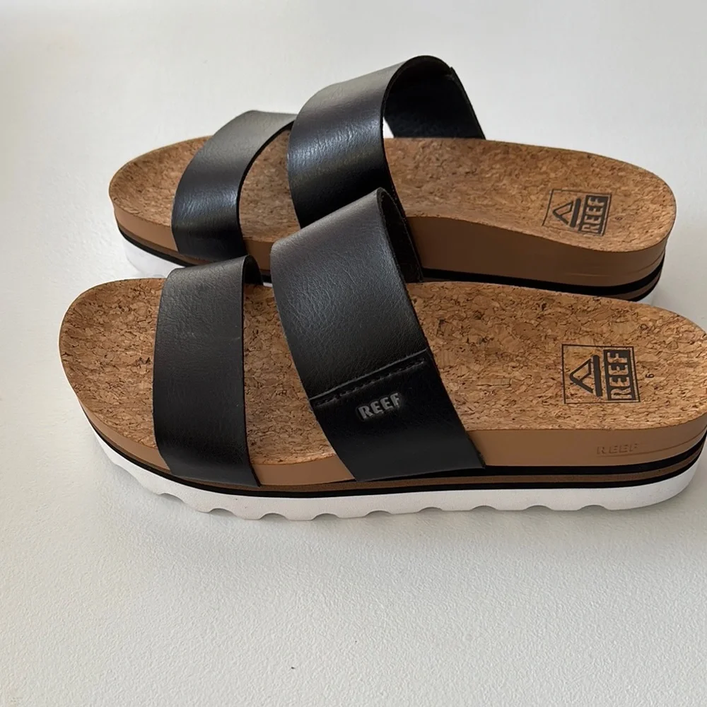Reef Black Cork Footbed Double-Strap Slide Sandals